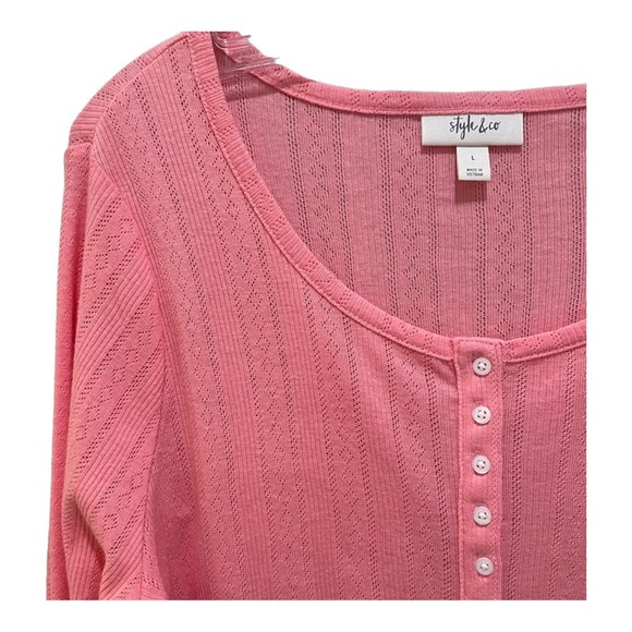 Style & Co. Pointelle Knit Henley Top Antique Peach Size Large - Picture 3 of 7
